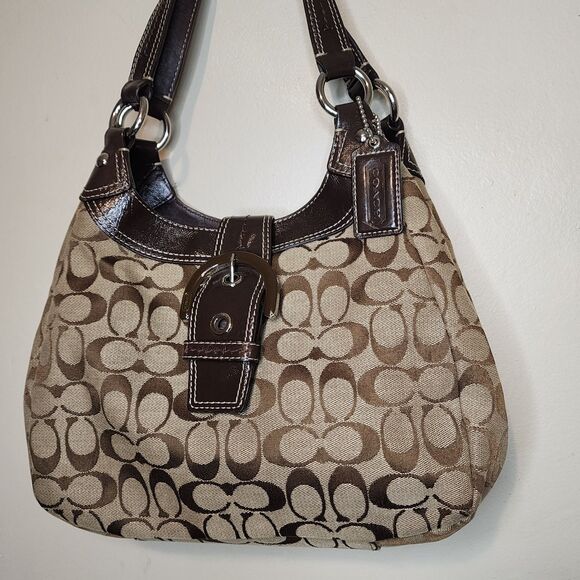 Vintage COACH SOHO SIGNATURE HOBO F17094 Khaki Mahogany Patent Leather Bag RARE - Picture 4 of 13